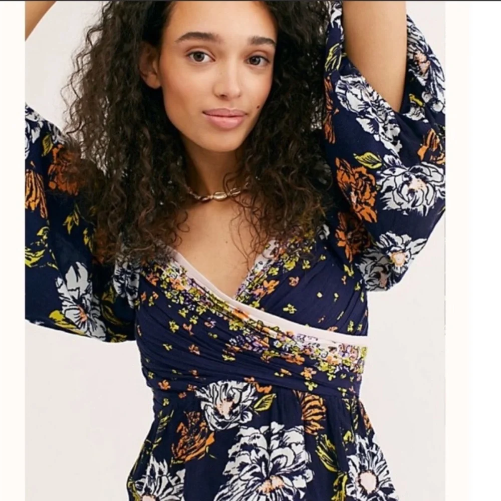 Free People Mirabella Floral Faux Wrap Smocked Puff Sleeve Blouse